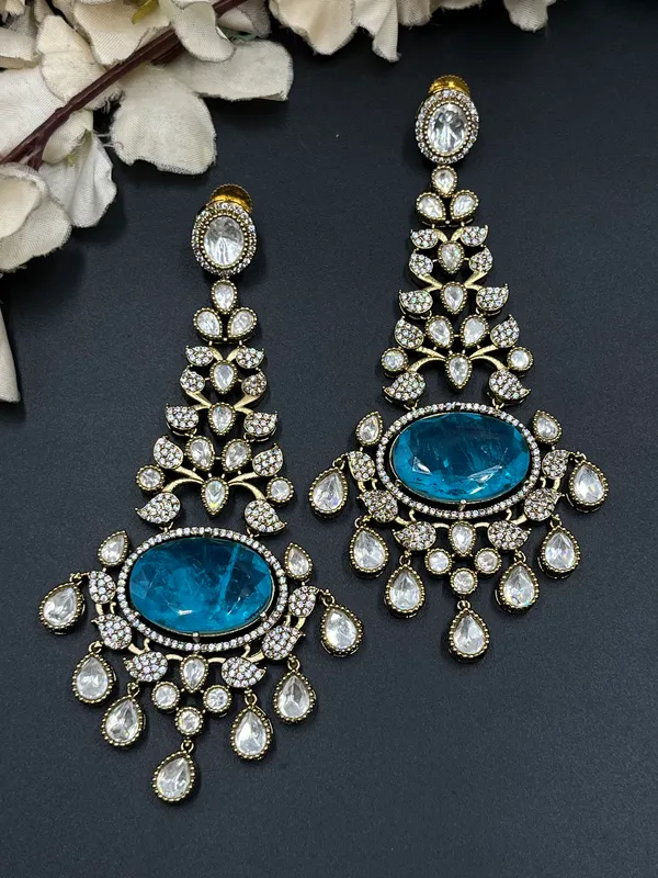 Gold_Blue_Stone_Floral_Earrings_With_Ear_Chain_For_Women