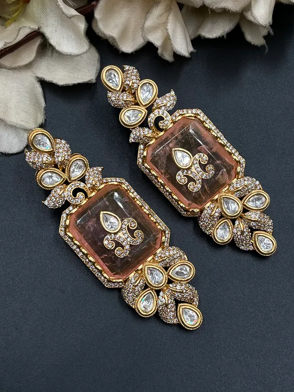 Gold-Tone_Stone_Studded_Floral_Scroll_Drop_Earrings_For_Women