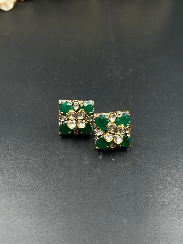 Green_Gold_Tone_Floral_Square_Stud_Earrings_For_Women