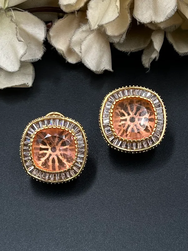 Peach_Gold_Tone_Square_Stone_Stud_Earrings_For_Women