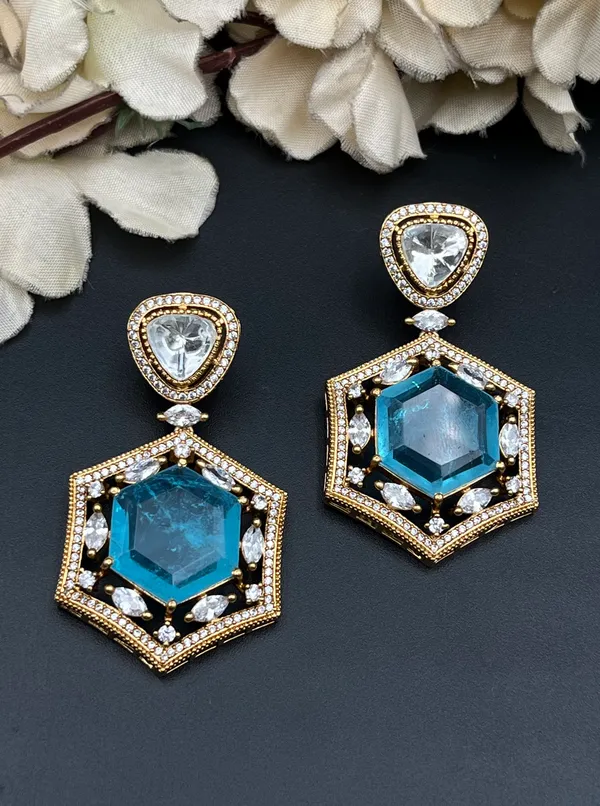 Gold_Blue_Stone_Hexagon_Drop_Earrings_For_Women