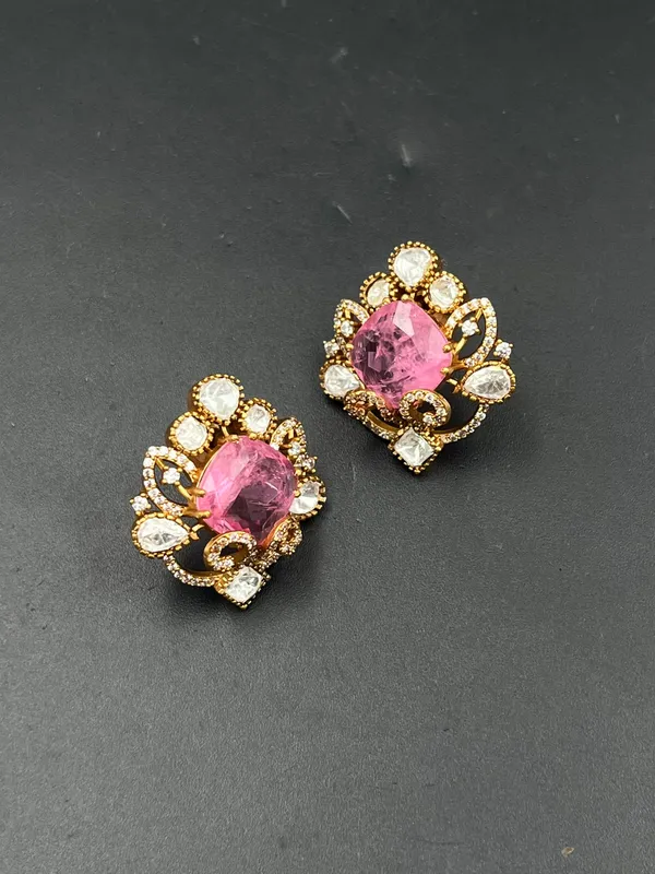 Pink_Gold-Tone_Rhinestone_Floral_Stud_Earrings_For_Women