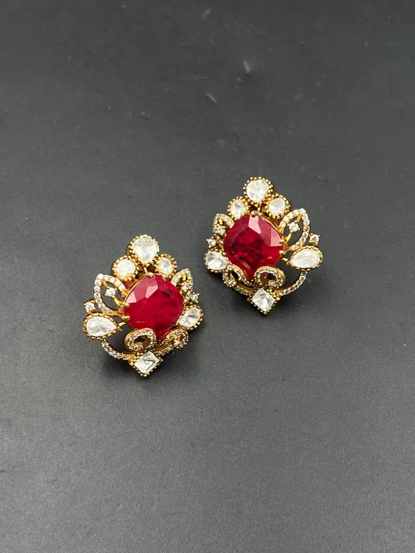 Red_Gold-Tone_Faceted_Stone_Floral_Statement_Drop_Earrings_For_Women