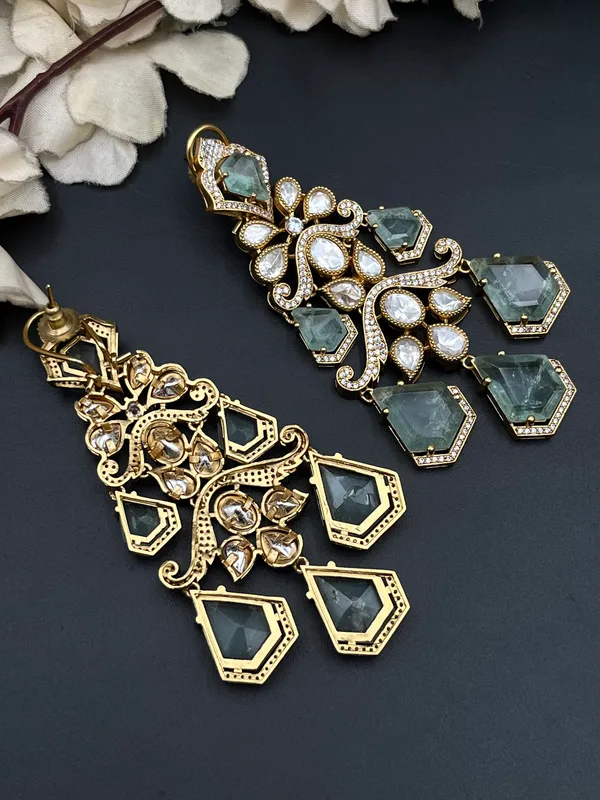 Gold_Green_White_Stone_Long_Chandelier_Earrings_For_Women