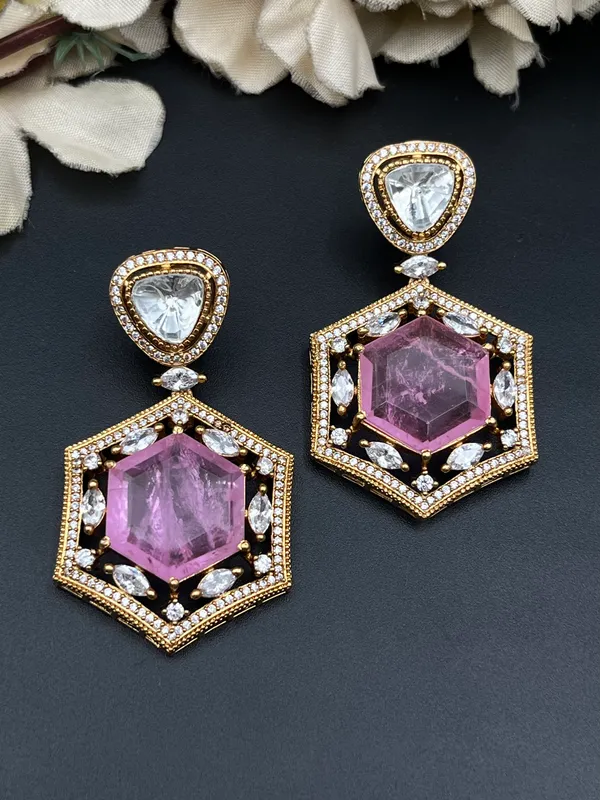Purple_Gold-Tone_Stone_Hexagonal_Statement_Drop_Earrings_For_Women