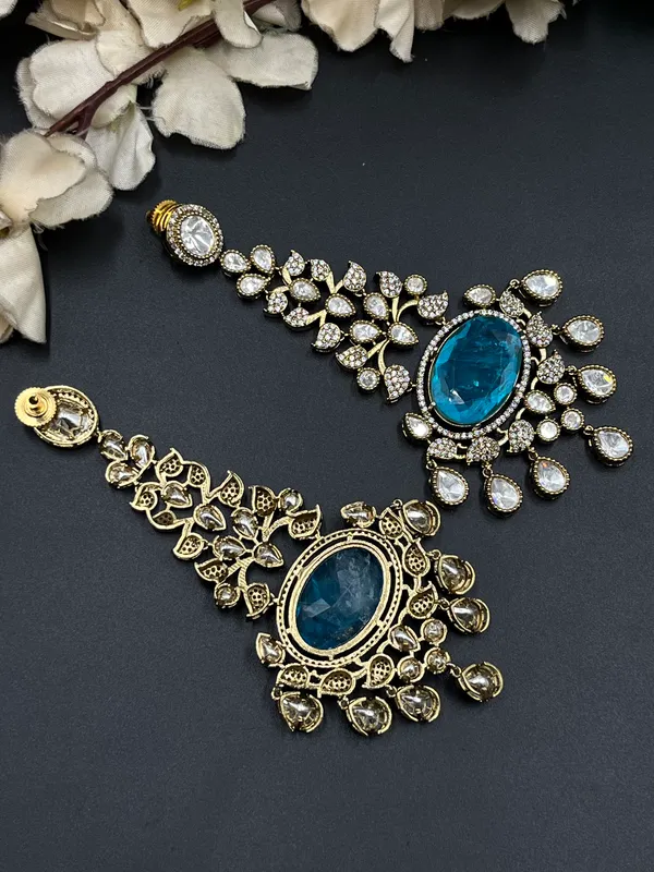 Gold_Blue_Stone_Floral_Earrings_With_Ear_Chain_For_Women