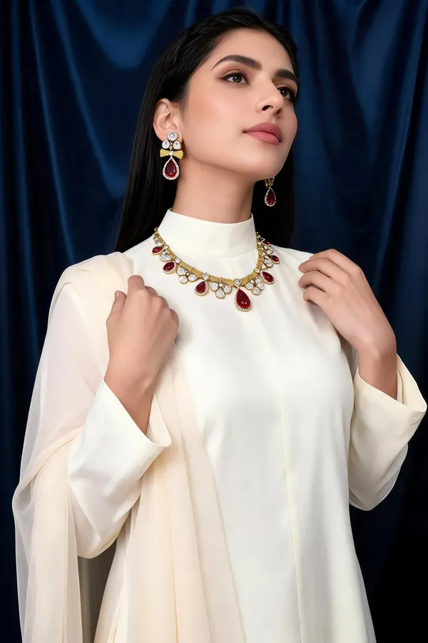 Gold_&_Red_Stone_Teardrop_Necklace_Set_For_Women