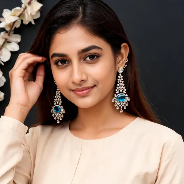 Gold_Blue_Stone_Floral_Earrings_With_Ear_Chain_For_Women