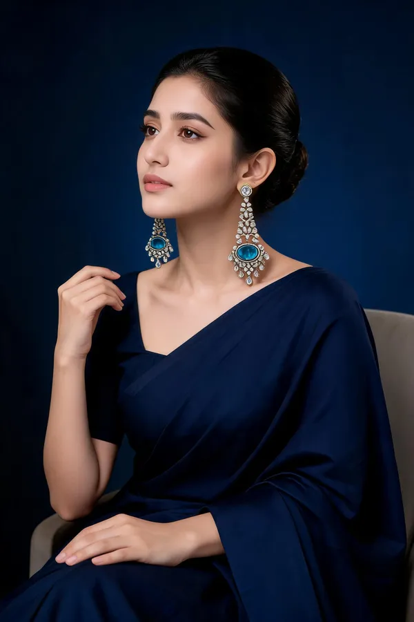 Gold_Blue_Stone_Floral_Earrings_With_Ear_Chain_For_Women