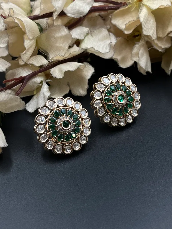 Gold_Green_Clear_Stone_Round_Stud_Earrings_For_Women