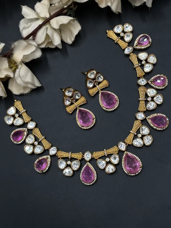 Gold_&_Pink_Floral_Stone_Necklace_And_Earrings_Set