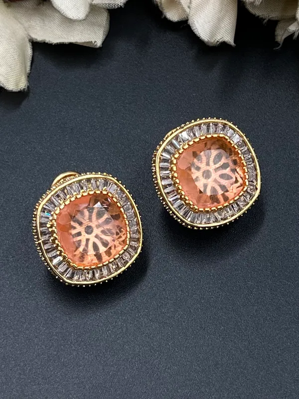 Peach_Gold_Tone_Square_Stone_Stud_Earrings_For_Women
