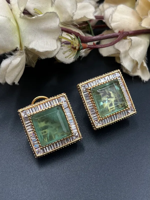 Green_Gold_Tone_Square_Stone_Drop_Earrings_For_Women