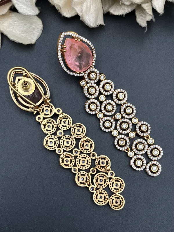 Gold-Tone_Pink_Teardrop_Stone_Crystal_Drop_Earrings_For_Women