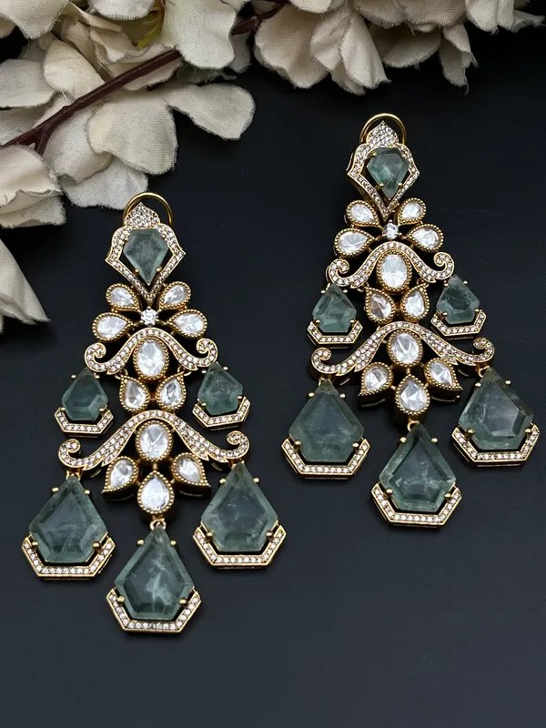 Gold_Green_White_Stone_Long_Chandelier_Earrings_For_Women