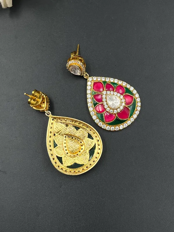 Multicolor_Pink_Green_Enamel_Gold_Tone_Teardrop_Earrings_For_Women