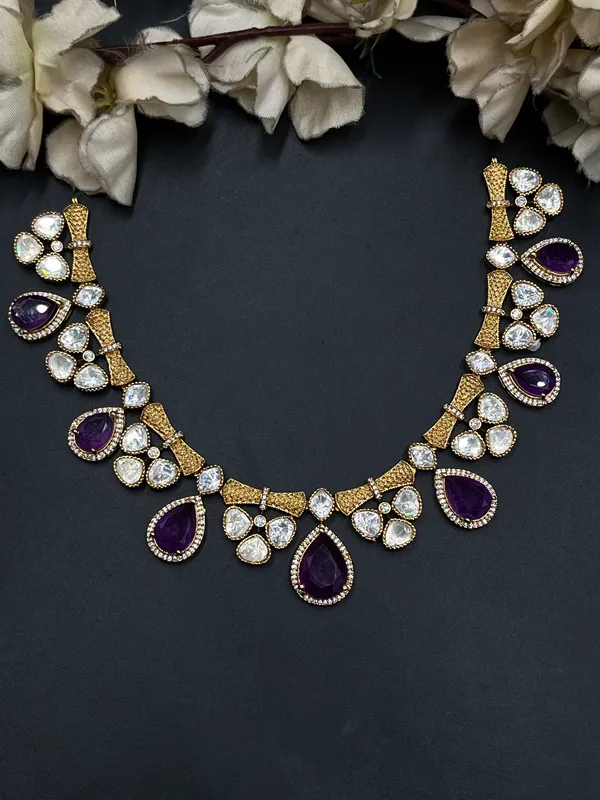 Gold_&_Purple_Stone_Teardrop_Necklace_Set_For_Women