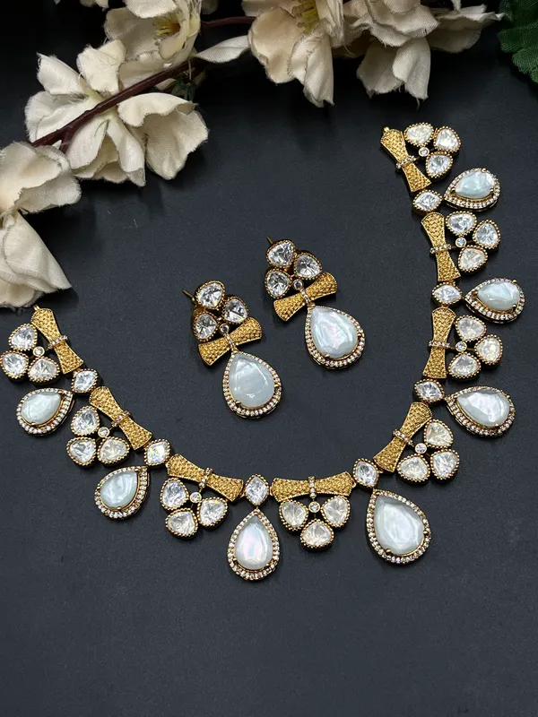 Gold_Tone_Pearl_White_Stone_Necklace_Set_For_Women