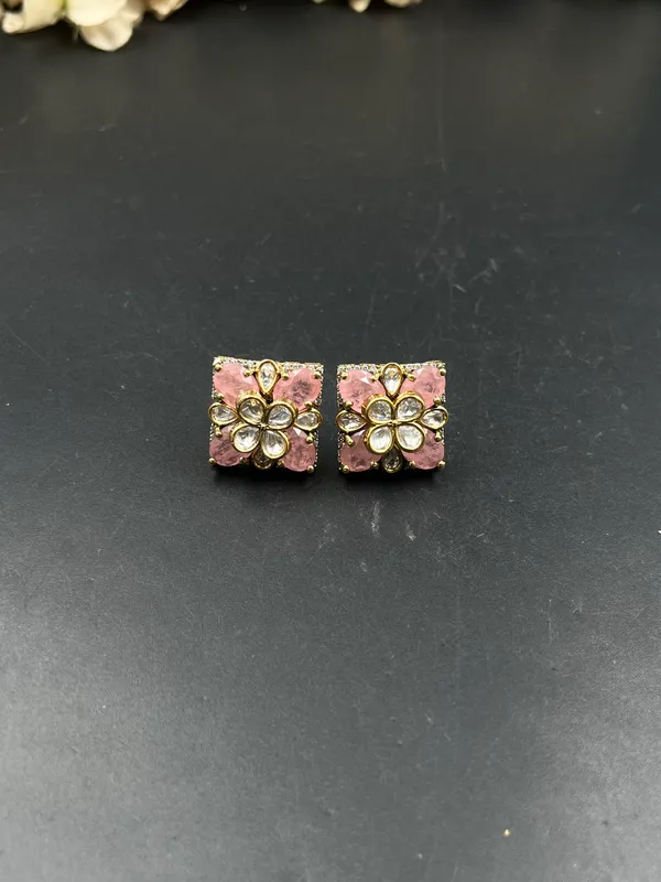 Pink_Gold_Tone_Floral_Square_Stud_Earrings_For_Women