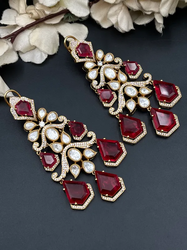 Gold-Tone_Red_Stone_Floral_Chandelier_Drop_Earrings_For_Women