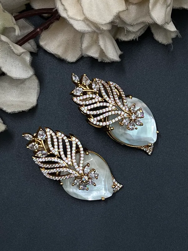 Gold_Tone_Leaf_Floral_Pearl_Drop_Earrings_For_Women