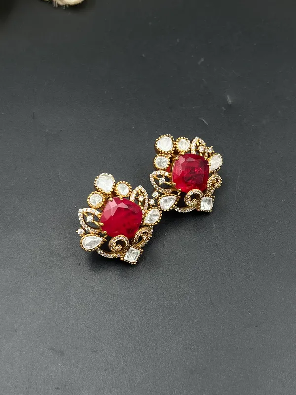 Red_Gold-Tone_Faceted_Stone_Floral_Statement_Drop_Earrings_For_Women