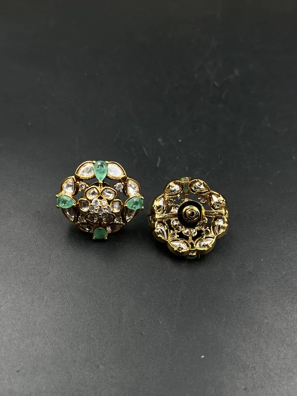 Gold_Green_Clear_Stone_Floral_Round_Stud_Earrings_For_Women