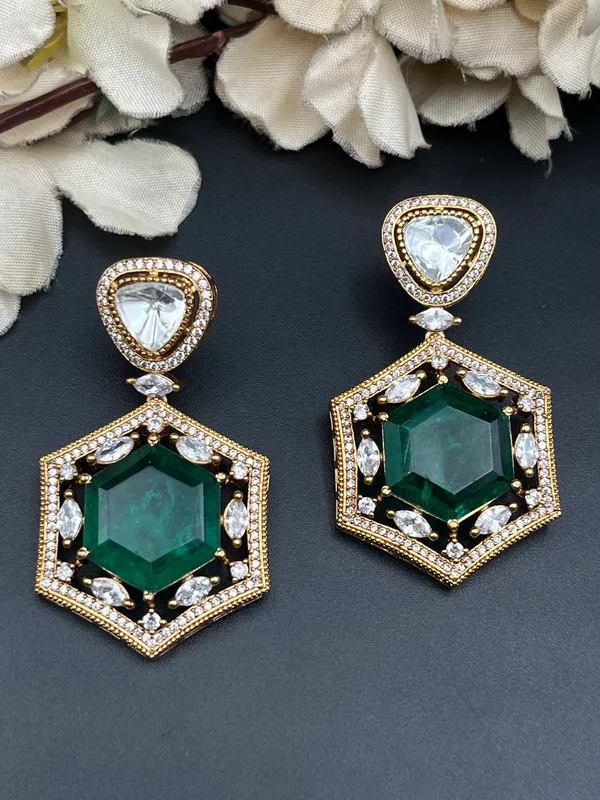Gold_Green_Hexagonal_Stone_Drop_Earrings_For_Women