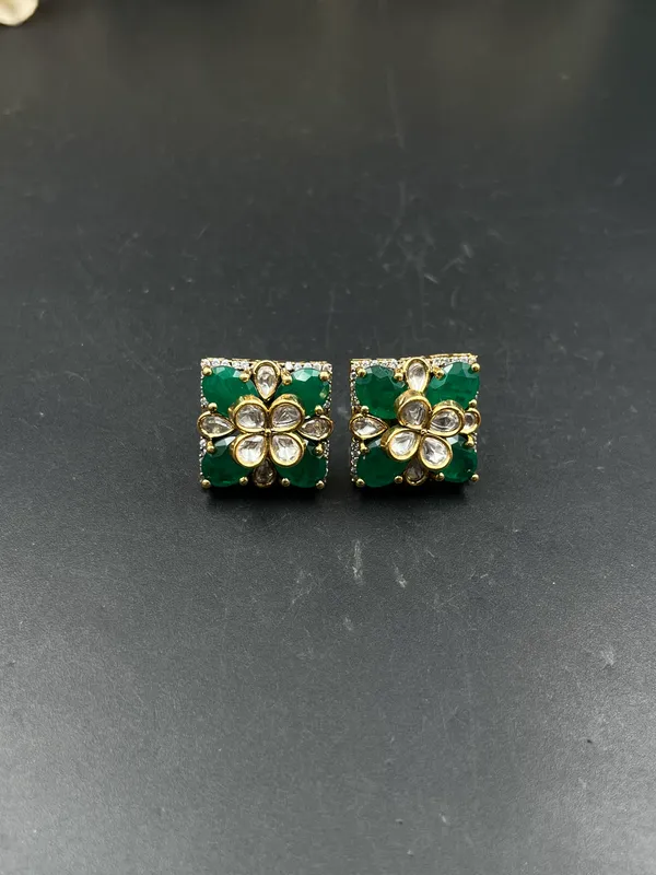 Green_Gold_Tone_Floral_Square_Stud_Earrings_For_Women