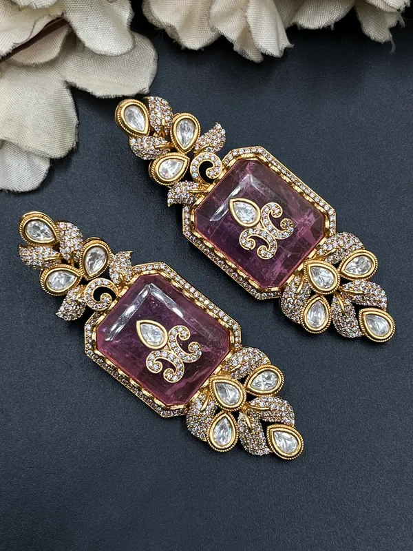 Pink_Gold-Tone_Faceted_Stone_Floral_Statement_Drop_Earrings_For_Women