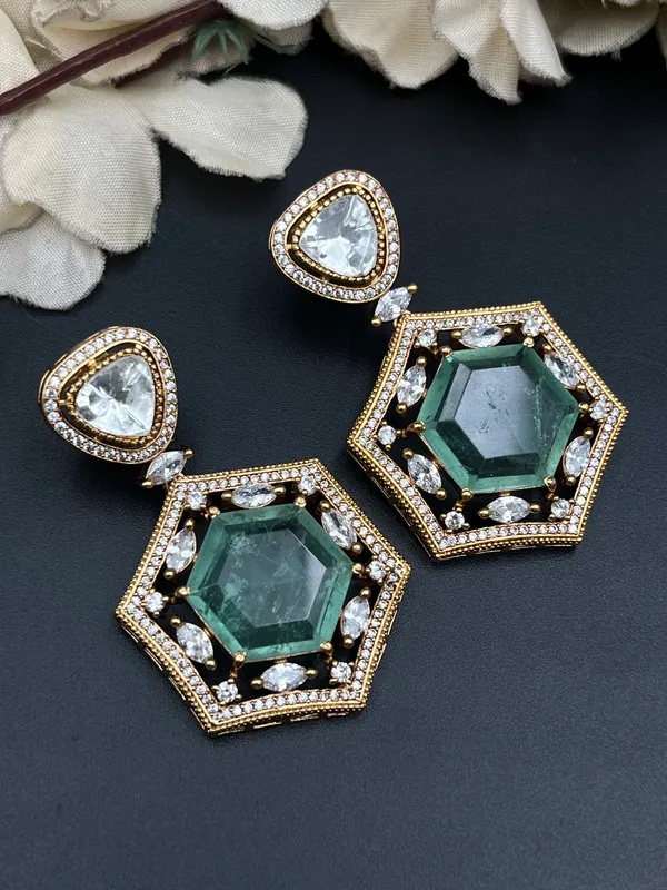Gold_Green_Hexagonal_Stone_Drop_Earrings_For_Women