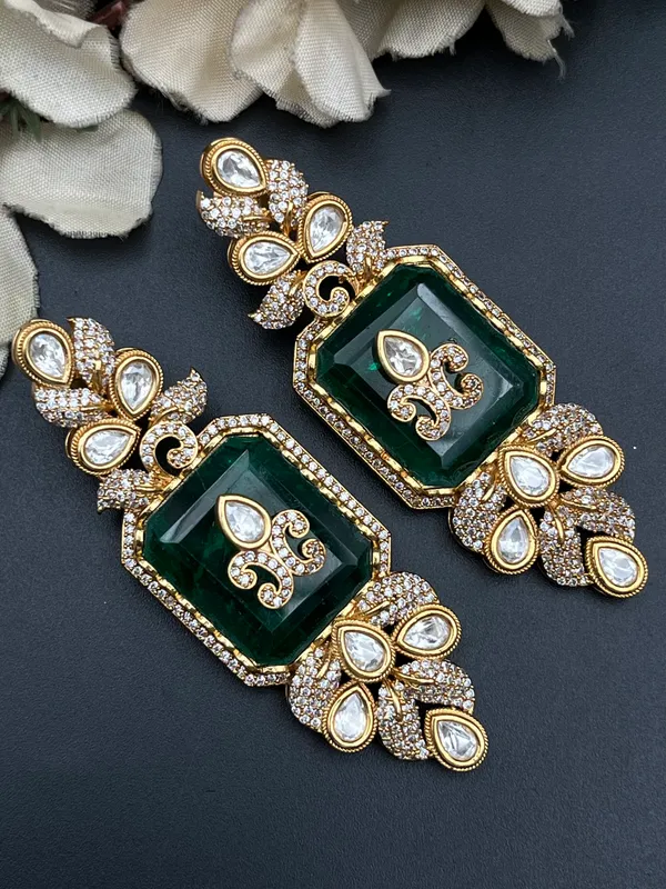 Gold_Green_Rectangular_Stone_Long_Drop_Earrings_For_Women