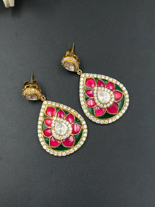 Multicolor_Pink_Green_Enamel_Gold_Tone_Teardrop_Earrings_For_Women