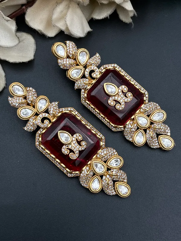 Gold_Red_White_Stone_Ornate_Statement_Drop_Earrings_For_Women