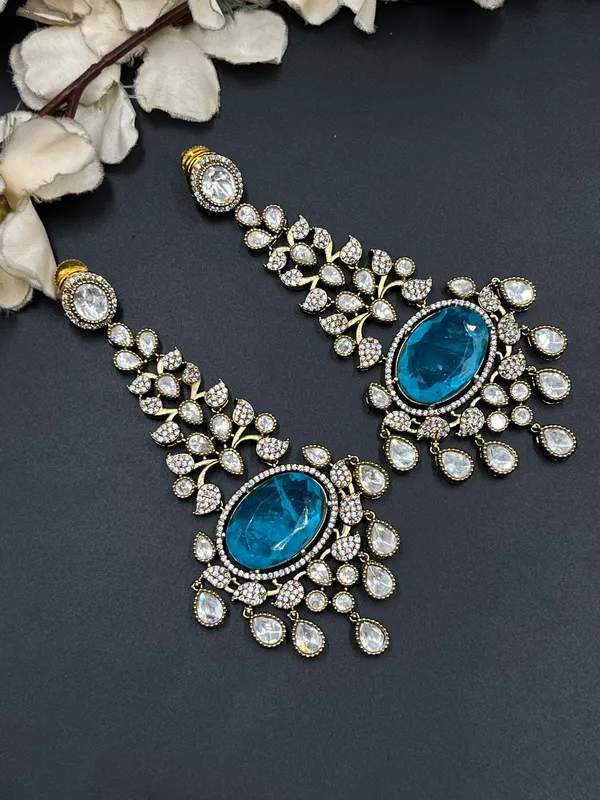 Gold_Blue_Stone_Floral_Earrings_With_Ear_Chain_For_Women