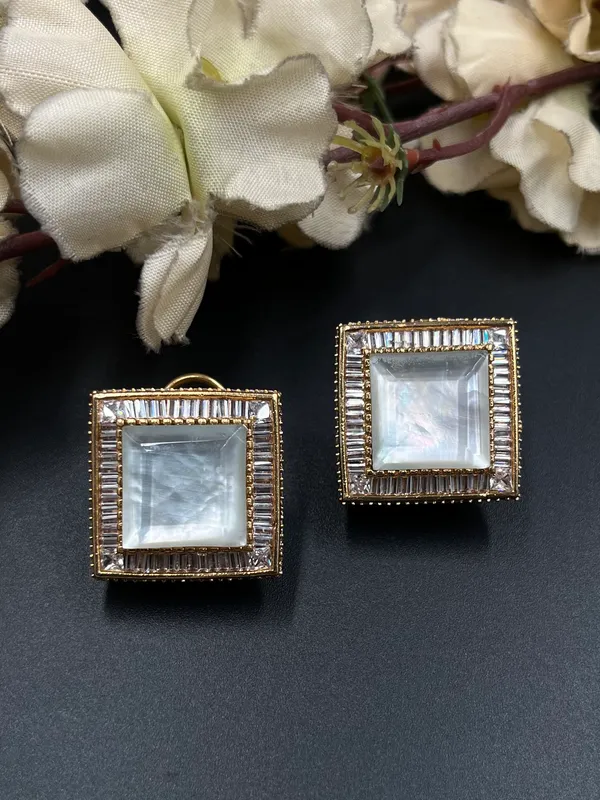 Gold-Tone_Square_Pearl_Effect_Stone_Stud_Earrings_For_Women