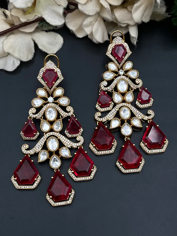 Gold-Tone_Red_Stone_Floral_Chandelier_Drop_Earrings_For_Women