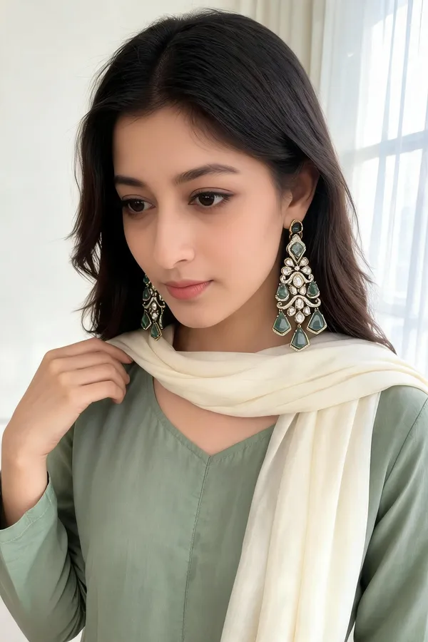 Gold_Green_White_Stone_Long_Chandelier_Earrings_For_Women
