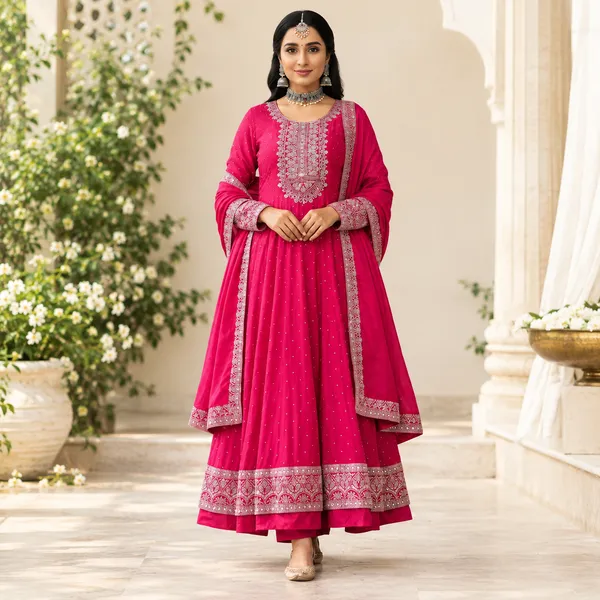 Maroon_Rayon_Frock_Suit_Set_For_Women