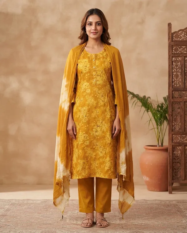 Yellow_Cotton_3-Piece_Suit_Set_For_Women