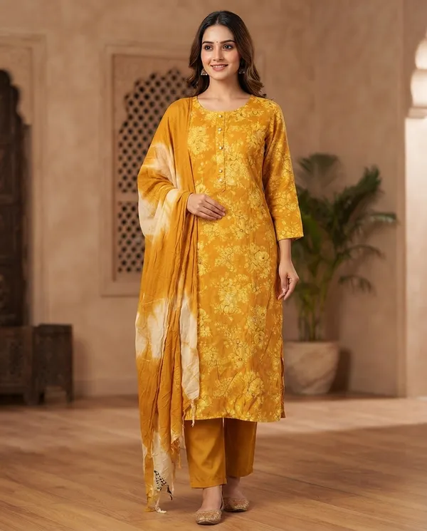 Yellow_Cotton_3-Piece_Suit_Set_For_Women