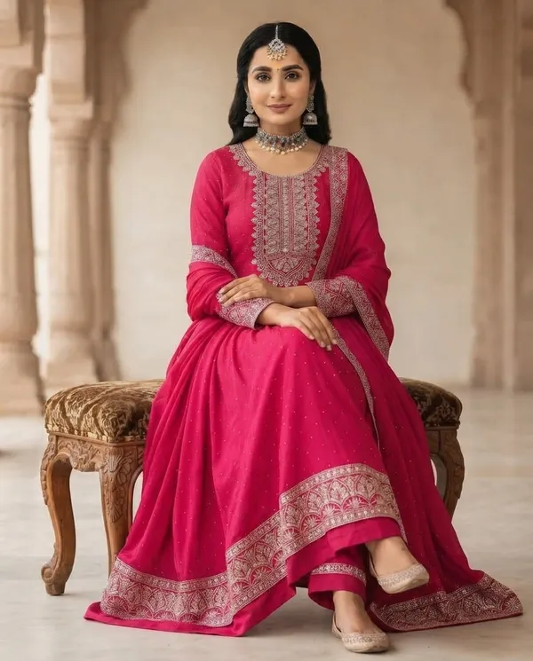 Maroon_Rayon_Frock_Suit_Set_For_Women