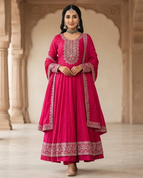 Maroon_Rayon_Frock_Suit_Set_For_Women