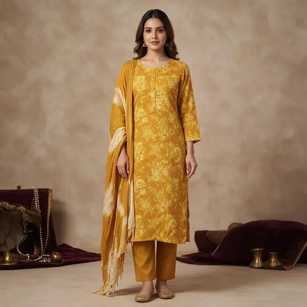 Yellow_Cotton_3-Piece_Suit_Set_For_Women