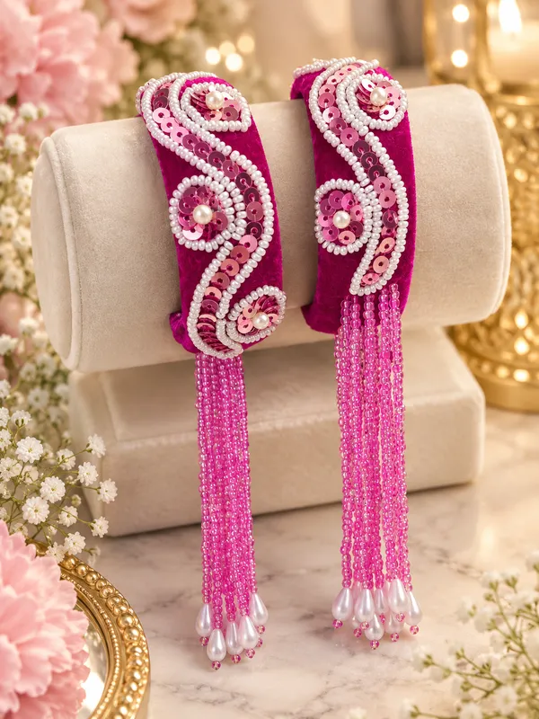 Pink_Velvet_Beaded_Metal_Bangle_For_Women