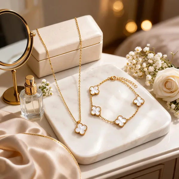 Gold_Tone_Metal_Clover_Necklace_And_Bracelet_Set_For_Women