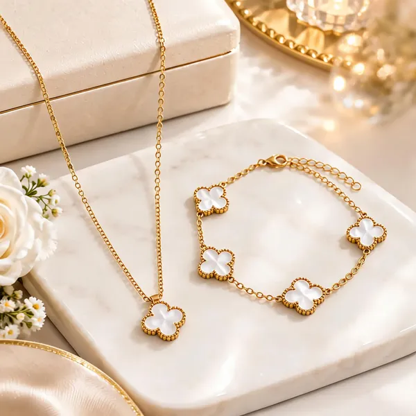 Gold_Tone_Metal_Clover_Necklace_And_Bracelet_Set_For_Women