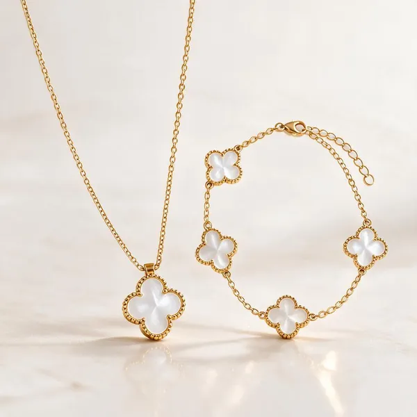 Gold_Tone_Metal_Clover_Necklace_And_Bracelet_Set_For_Women