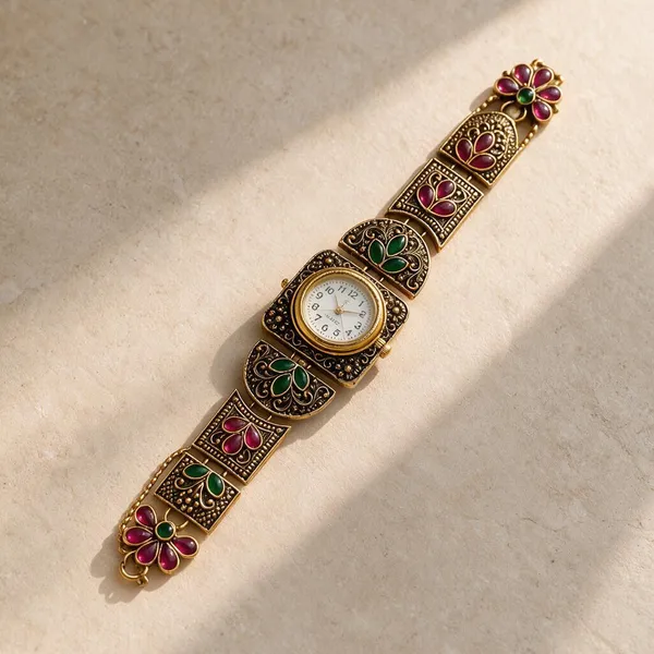 Gold_Tone_Metal_Floral_Analog_Bracelet_Watch_For_Women