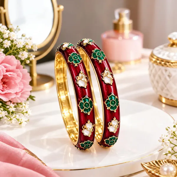 Red_And_Gold_Metal_Enamel_Floral_Bangles_Set_For_Women